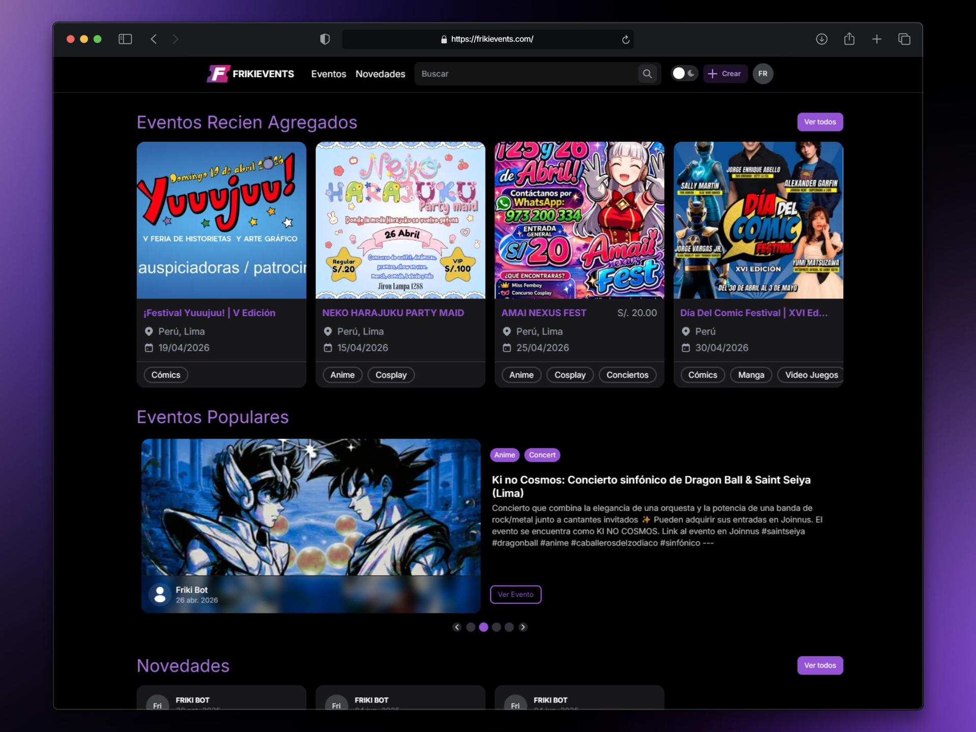 Screenshot of the Frikievents project
